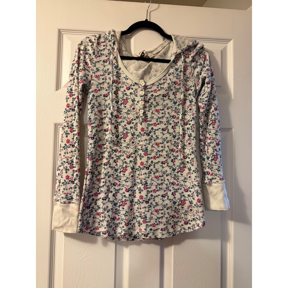 True Vintage Y2K Roxy Womens Floral Waffle Knit Henley Hoodie Ivory Pink Teal L